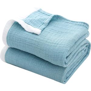 SE SOFTEXLY Muslin Throw Blanket,100% Cotton Throw Blankets for Couch Bed,4-Layer Gauze Breathable Blanket for All Season,Soft and Lightweight Blue Blankets Full/Queen Size(80"x90",Light Blue)