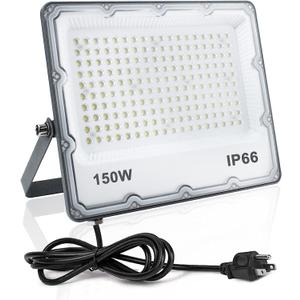 150W LED Flood Lights Plug in, Outdoor Security Lights Fixtures 6500K 15000LM Illumination, IP66 Waterproof White Lighting for Ball Ground, Parking Lot, Pathway, Yard (1 Pack)