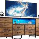 WLIVE 12 Drawer Dresser for Bedroom, Dresser TV Stand for 65, 70, 75 inch TV with Led Lights & Charging Station, Wide Chest of Drawers with Open Shelves, Fabric Dressers for Living Room, Rustic Brown (Rustic Brown Wood Grain Print)