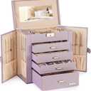 Homde Synthetic Leather Huge Jewelry Box Mirrored Watch Organizer Necklace Ring Earring Storage Lockable Gift Case (Grey Purple + Gold)
