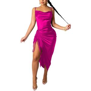 Women's Spaghetti Strap Satin Dress Sexy Backless Drawstring Ruched Split Hem Cocktail Evening Party (30-rose Red), S