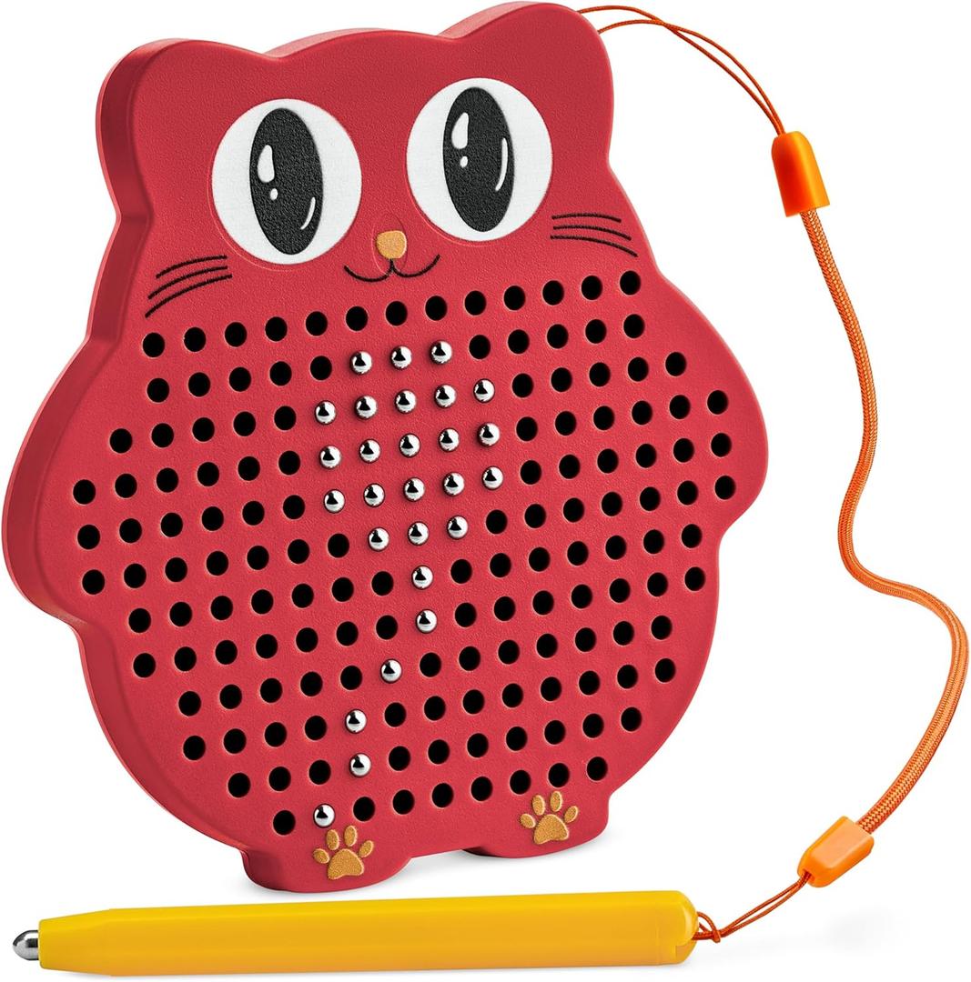 Magnetic Drawing Board for Kids & Toddlers with Beads and Magnet Stylus Pen - Magnetic Travel Toy for Airplane & Car Ride Activities for Kids (Red)