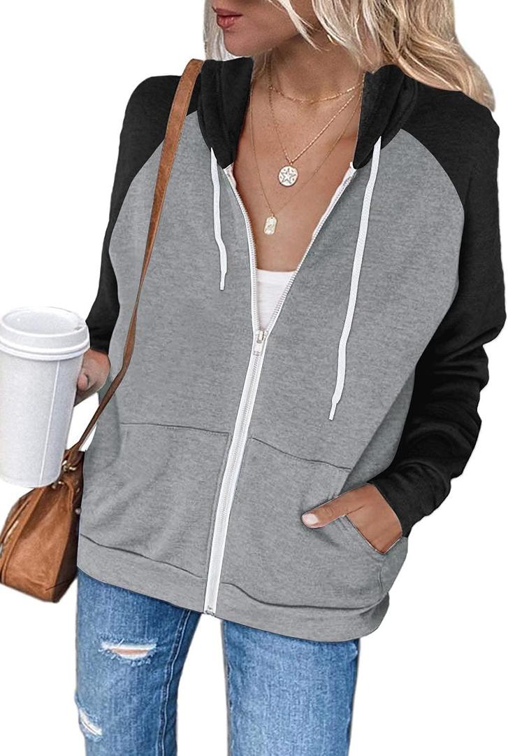 INFITTY Women's Casual Color Block Long Sleeve Zip Up Hooded Sweatshirt Lightweight Hoodies Jacket with Pocket (Gray, S)