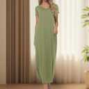 Women's Comfortable Casual Short Sleeve Maxi V-Neck Long Dress (Green, XXL)
