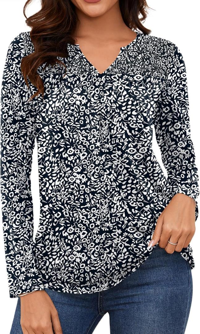 LOMON Women's Casual Shirred V Neck Tops Smocked Long Sleeve Shirts for Women Fall Loose Pleated Tunic Blouses (XXL)