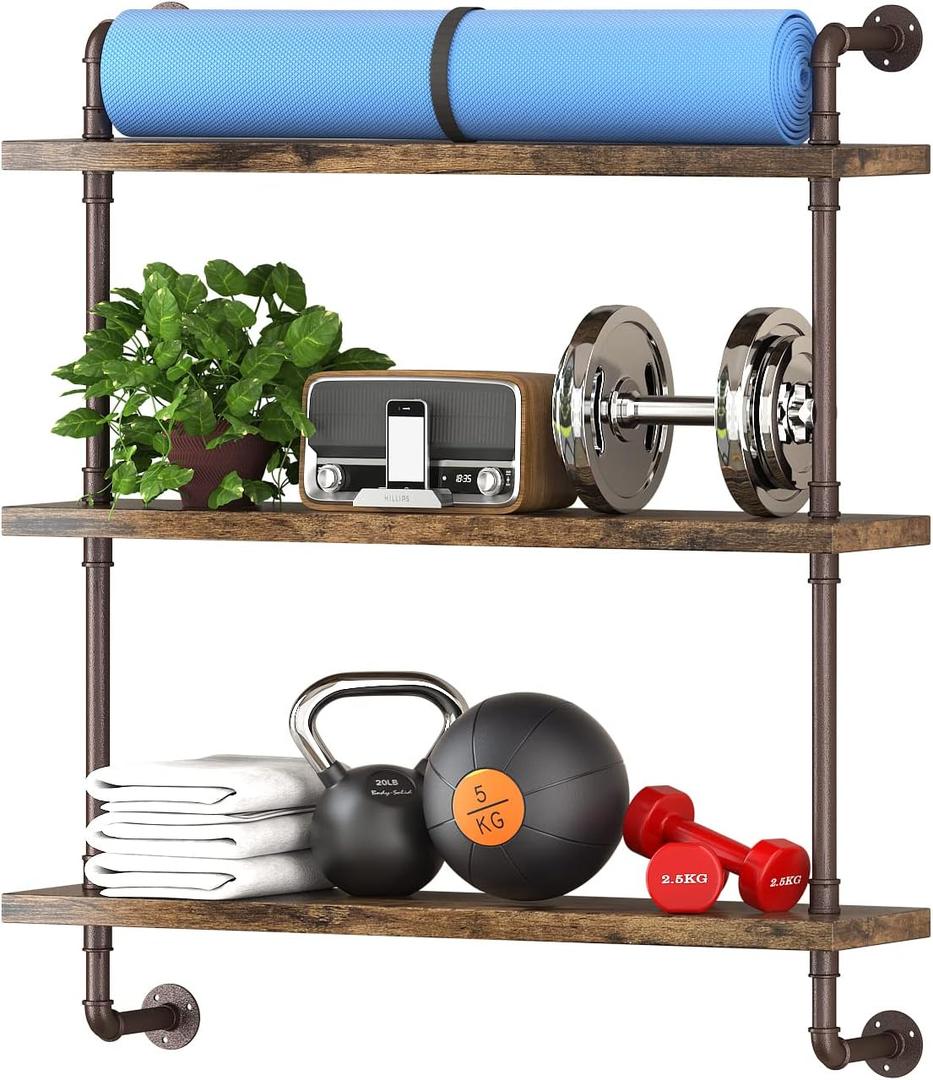 Helsin 3 Tier Industrial Pipe Shelf Rustic Wood Floating Shelves,Wall Display Bookshelf,Storage Rack Sundries Holder for Kitchen Office Bathroom Organization and Home Decor (32inch) (1set)
