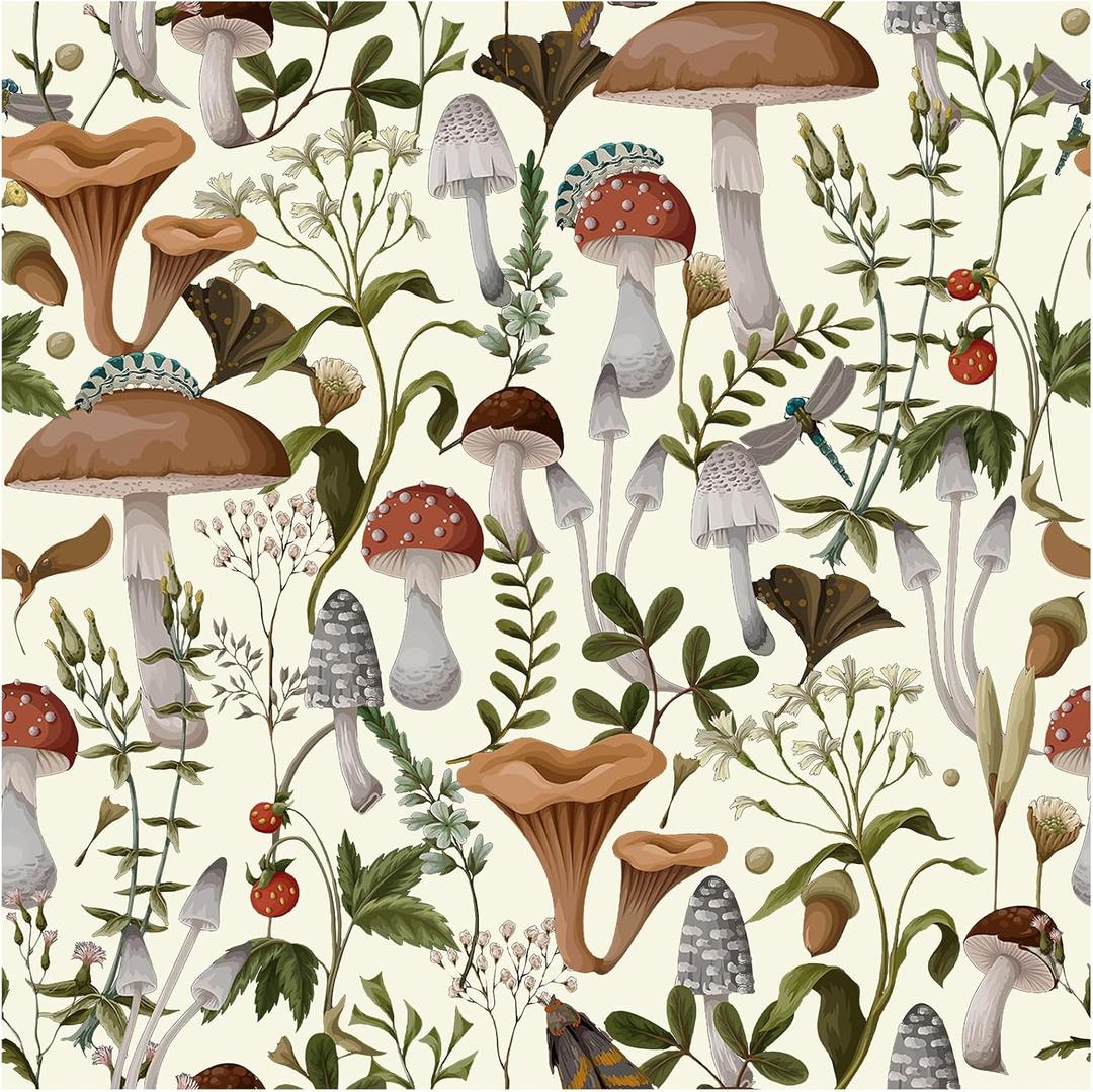 HAOKHOME Boho Peel and Stick Wallpaper Mushroom Forest Removable Stick on Contact Paper for Kitchen Bathroom Beige/Brown/Green17.3in x 32.8ft