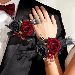 Rose Burgundy Corsage and Boutonniere Set for Wedding Prom(Set of 2),Artificial Flower Wrist Corsage Bracelets for Women Homecoming,Boutonniere for Men Suit Decorations Party Anniversary (Red&black)