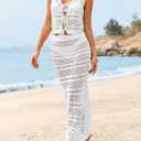Fisoew Womens Crochet Cover Up 2 Piece Skirt Sets Sleeveless Crop Cardigan Tank Tops Swim Coverup Set White, S