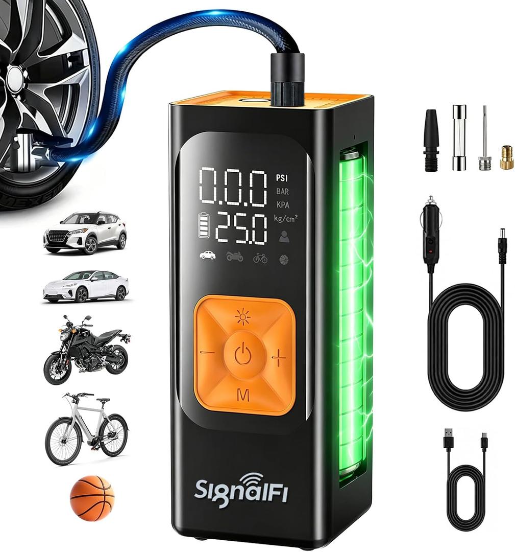 Portable Air Compressor, 150 PSI Air Pump for Car Tires with Power Bank, 12V DC Car Plug, Fast Inflation 25L/Min,Auto Shut-Off and Digital Display for Cars, Motorcycles, Bicycles, Balls
