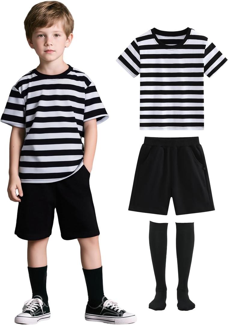 Kids Halloween Costume Boys Black and White Striped Crew Neck Shirt Shorts Set for Daily Halloween Cosplay (5-7 Y)