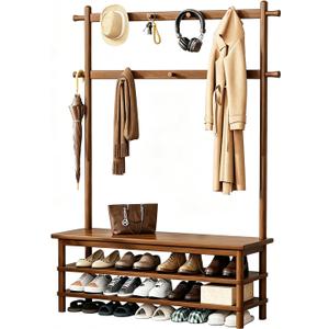 Solid Wood Hall Tree with Bench, Shoe Rack & 11 Hooks 42.9''