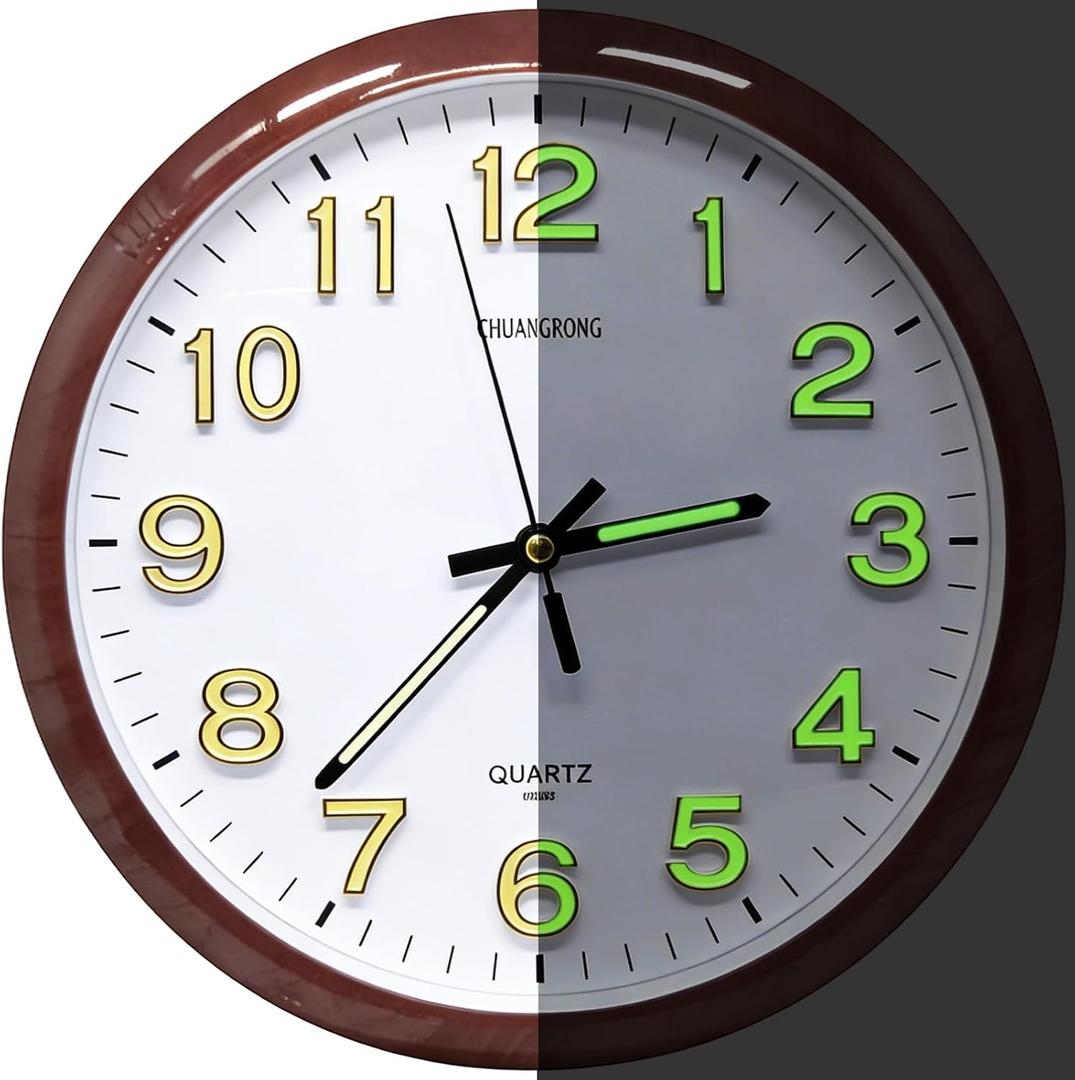 Glow in The Dark 3D Numerals Wall Clock，12 Inch Retro Silent Non-Ticking Battery Operated Easy to Read Vintage Analog Clocks for Living Room Kitchen Office Bedroom Decor