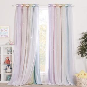 NICETOWN Kids Curtains Teen Girl Bedroom Decor, Stars Cut Out Rainbow Stripe Blackout Drapes with Sheer Curtains 63 inch Length for Living Room/Nursery (2 Panels, 52 inches Wide, Rainbow) (52"W x 63"L (Pack of 2), Rainbow-1)