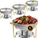 Chafing Dish Buffet Set of 4, 5QT Round Stainless Steel Chafer for Catering, Upgraded Chafers and Buffet Warmer Sets w/Food & Water Pan, Lid, Gold Frame, Fuel Holder for Party Wedding Holiday (4-Pack)