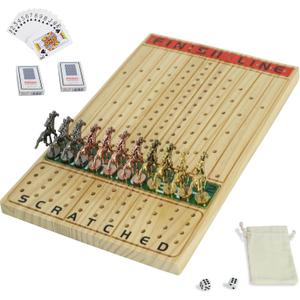 Horse Race Board Game Racing Game Thickened Solid Wood with 11 Luxurious Durable Classic Metal Horses with 2 Dice and 2 Boxes of Cards Horse Racing Game (Log Color, Rectangle)