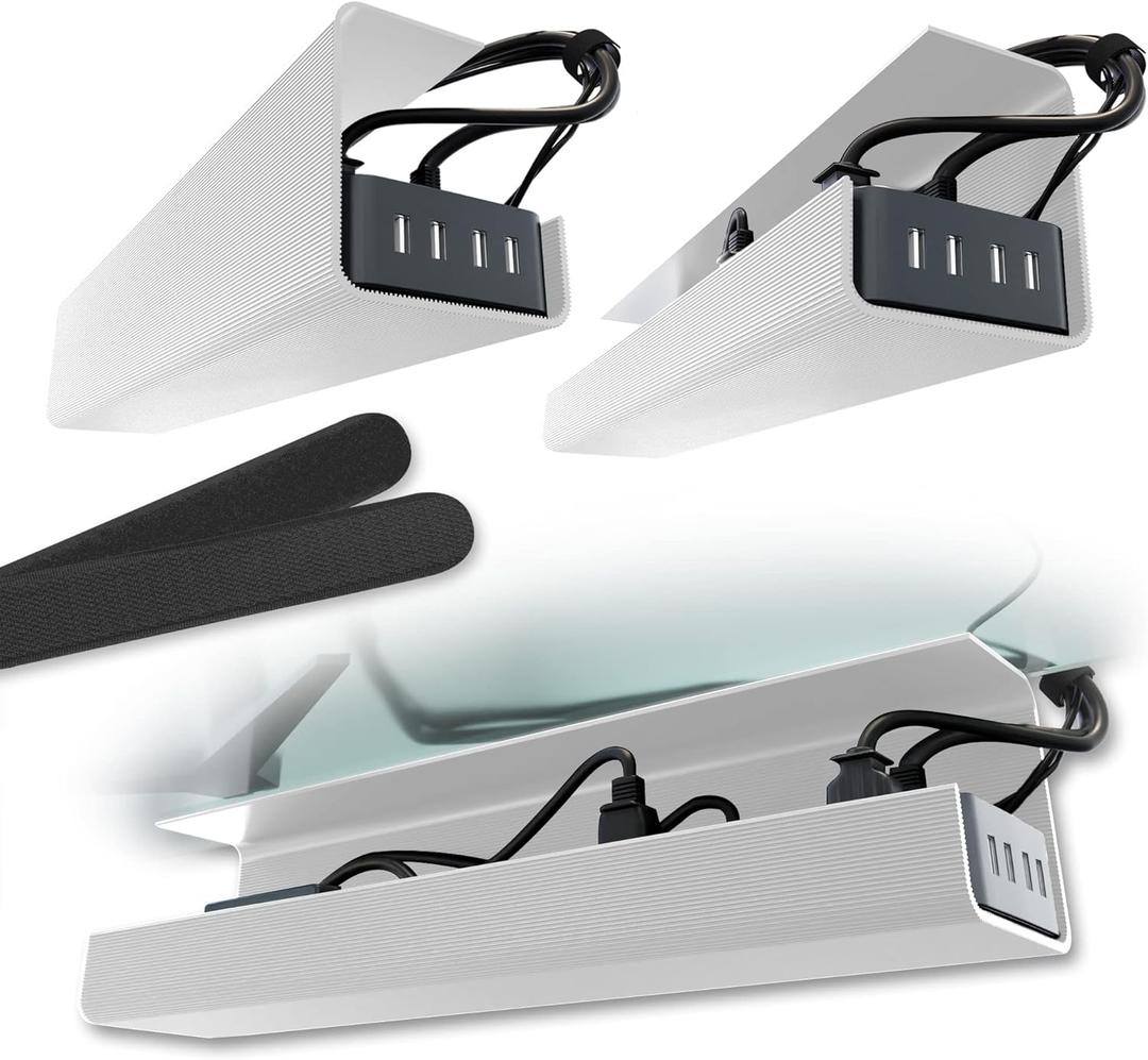 No-Screw Under Desk Cable Management Tray - Self-Adhesive Installation, Cord Management, Cable Tray, Under Desk Wire Organizer - White, Set of 2