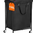 150L Laundry Basket with Wheels, Double Rolling Laundry Hamper with Metal Frame and Removable Bag, Dirty Clothes Hampers for Bedroom, Bathroom, Dorm Room, Black