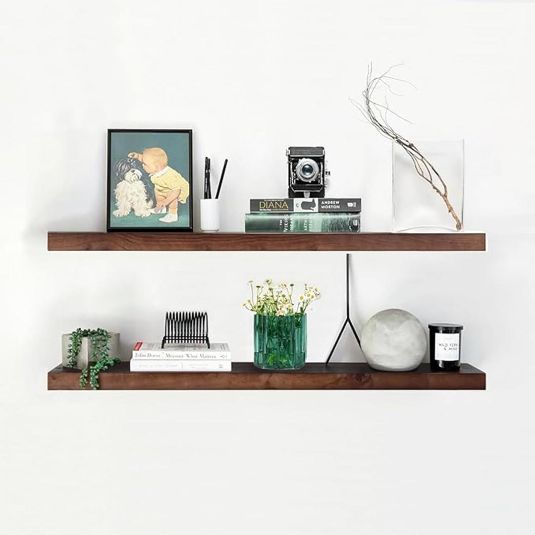 Homeforia Walnut 42 inch Floating Shelves, High End Solid Real Wood 42inch Floating Shelf for Wall, Large Dark Brown 42 inches Long Floating Shelves, Heavy Duty Bracket, 42 X 6.5 X 1.75 inch, Set of 2 (American Walnut - Satin Dark Tone)