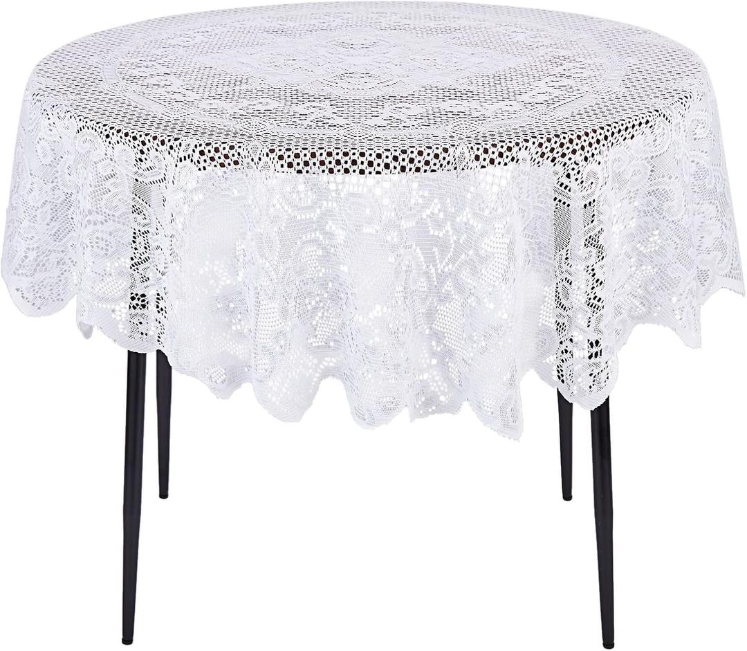 Juvale 59 Inch Round White Lace Tablecloth, Elegant Table Cover for Wedding Reception and Vintage-Style Decor