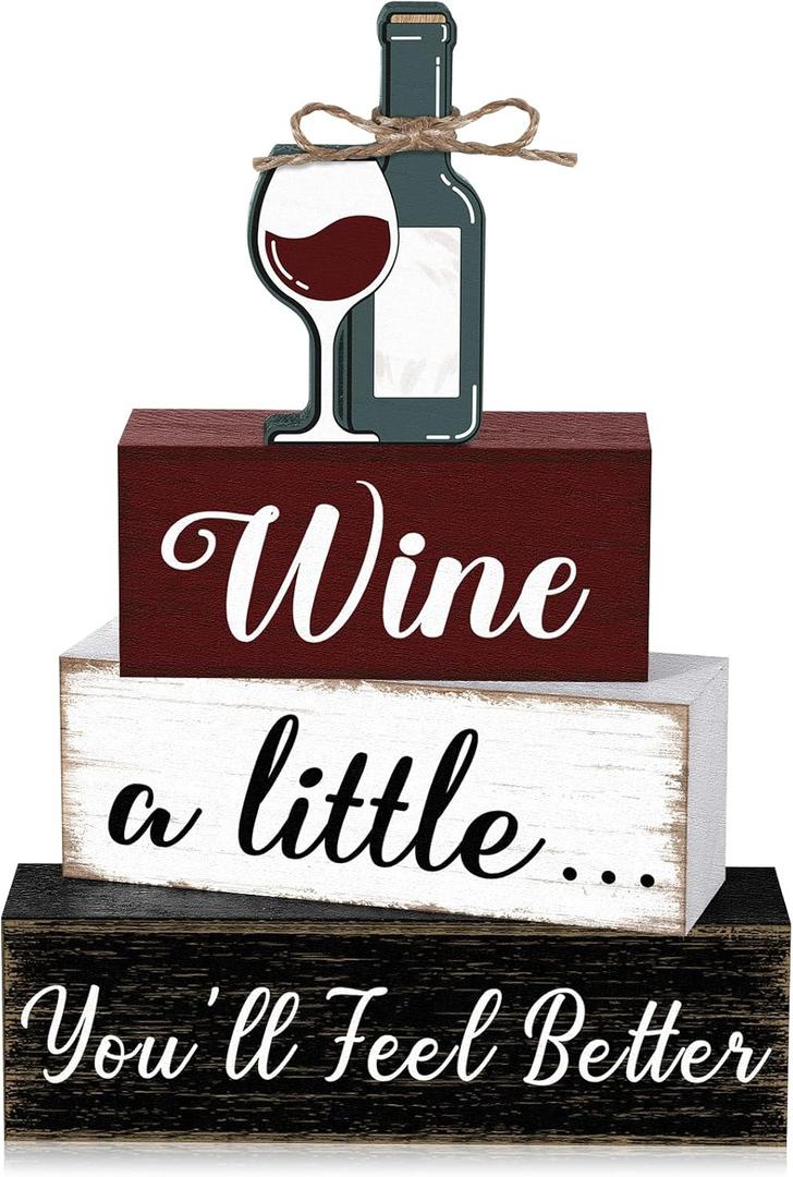 Marsui 4 Pcs Tabletop Decor Rustic Coffee Bar Tiered Tray Decor Decorative Wood Bottle Block Sign Gift Wooden Farmhouse Table Centerpiece for Home Party Shelf Desk Decoration