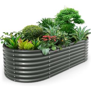 A ANLEOLIFE 8x4x2ft Galvanized Raised Garden Bed Kit, Oval Metal Deep Root Planters for Outdoor Plants Vegetables Flowers Herb, Large Bottomless, 478 Gallon Capacity- Quartz Grey
