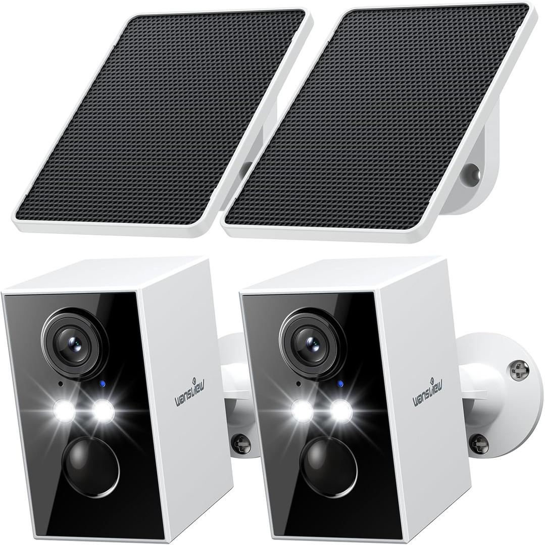 wansview Security Cameras Wireless Outdoor-2K WiFi 6 Solar Camera Outdoor Wireless for Home Security with AI Motion Detection, Color Night Vision, 2-Way Audio, 2.4GHz WiFi Only, Alexa, A1 2P White