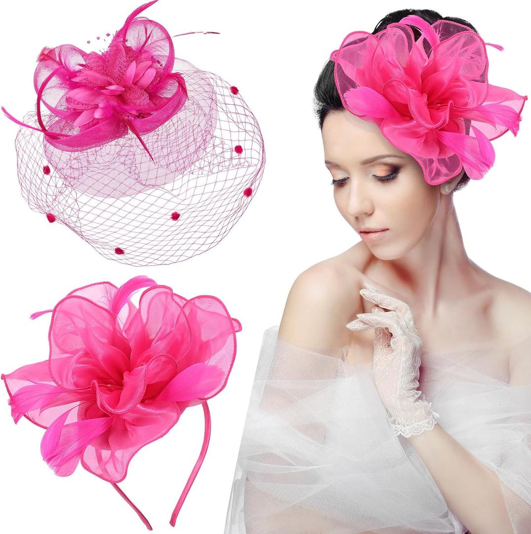 2 Packs Fascinator Hats for Women Tea Party Derby Hats Mesh Flower Feathers Headbands and Clips Tea Party Headwear