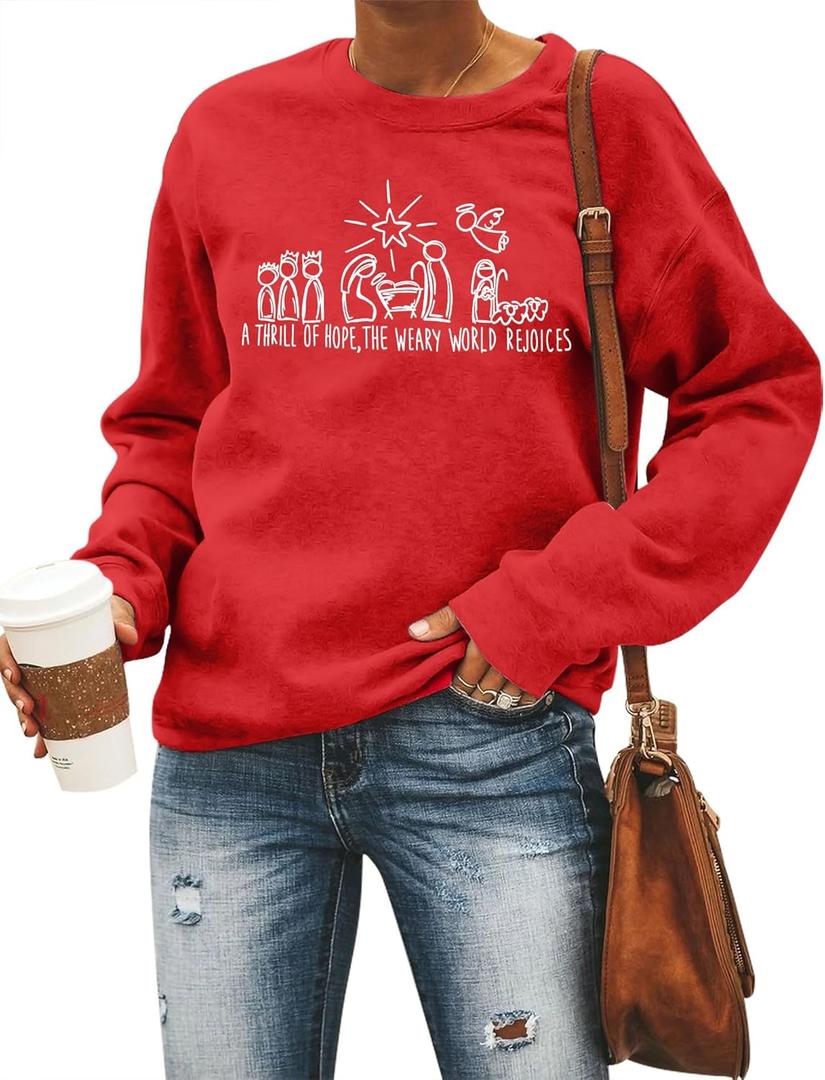 FAYALEQ Christmas Sweatshirt Women Merry Christmas Shirt Pullover Xmas Graphic Long Sleeve Tops (Red, M)