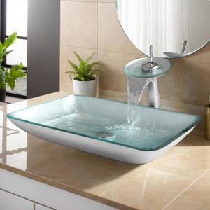Tempered Glass Vessel Sink with Waterfall Faucet and Drain Combo 22 Inch Silver Rectangular Glass Bathroom Vessel Bathroom Sink Above Counter Silver Bowl Sink Rectangle for Bathroom, 22.4" L x 14.4" W x 3.6" D