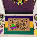 2 Pcs Mardi Gras Coir Doormat Outdoor Mardi Gras Welcome Outdoor Rug Layered Purple Yellow Green Stripe Rug for Carnival Front Porch Entryway Decor, 28 x 43 inches, 16 x 28 inches