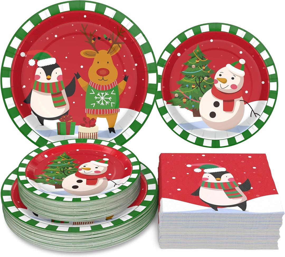Homlouue 200PCS Christmas Paper Plates and Napkins, Cute Cartoon Penguin, Reindeer, Snowman Christmas Disposable Dinnerware Set, Red Holiday Party Plate for Xmas, New Year, Serves 50