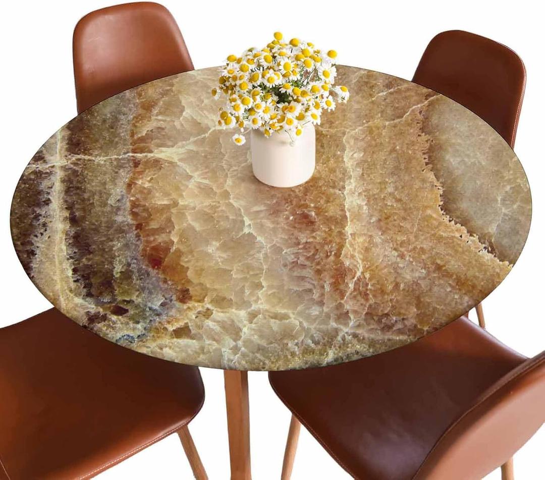 Onyx Marble Round Tablecloth Elastic Edged Brown Washable Reusable Tablecloths for Kitchen Picnic Party 40-44 inch
