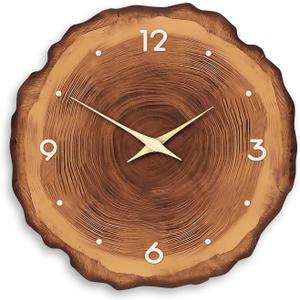 XNM Rustic Large Clock for Kitchen Brown Wood Wall Clocks Battery Operated 16 Inch Analog Annual Ring Wall Clock Non Ticking (MDF No Solid Wood)