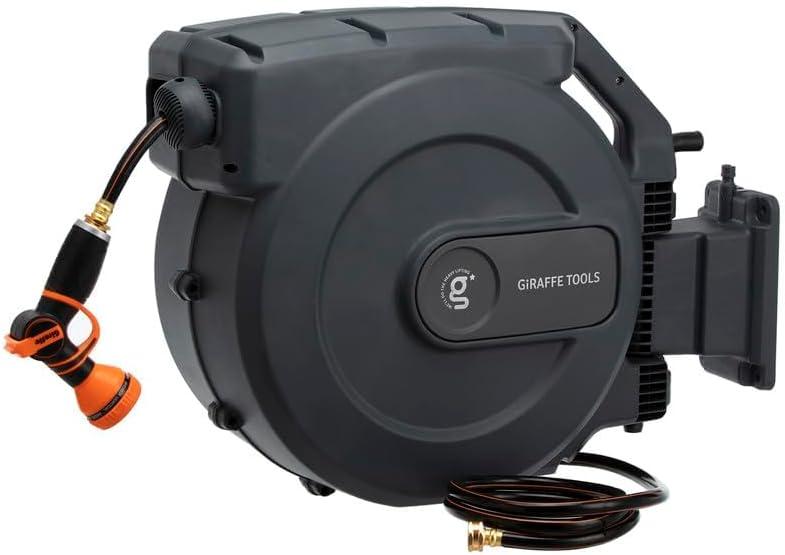 Giraffe Tools AW505/8 Retractable Garden Hose Reel 5/8" x 115+5 ft, Heavy Duty Wall Mounted Water Hose Reel Automatic Rewind, 180 Deg Swivel Bracket, Slow Retraction, 115ft, Dark Grey (5/8" 115+5 FT)