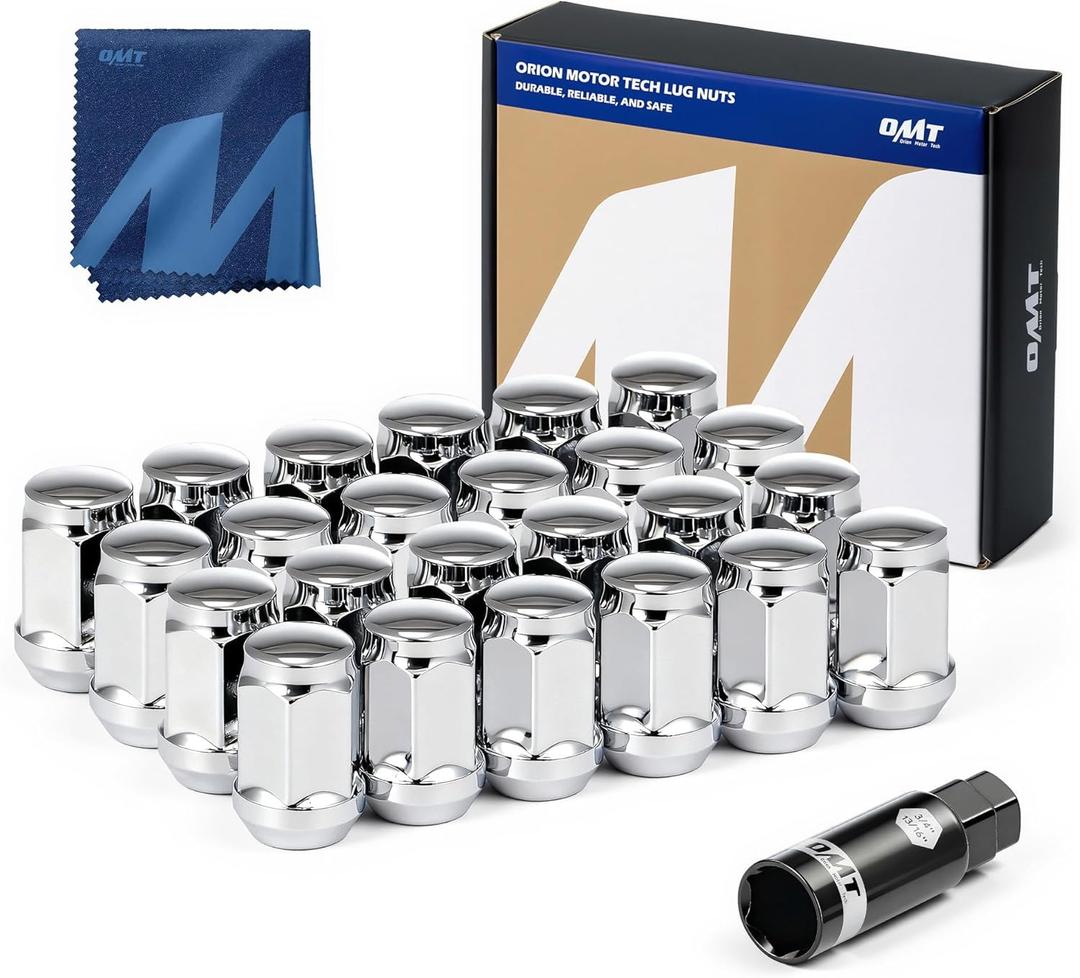 Orion Motor Tech 24-Piece 1/2-20 Lug Nuts Chrome with Cone Seat, Compatible with Jeep Grand Cherokee Wrangler Liberty, Ford Explorer Ranger Mustang, Dodge Dakota Dura (Silver)
