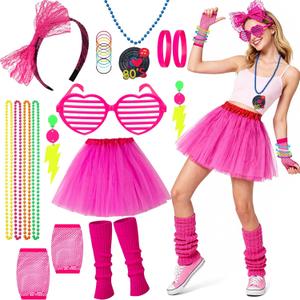80s Costumes Accessories Set for Women1980s Theme Party Retro Neon Outfits Halloween Party Outfit (Pink)