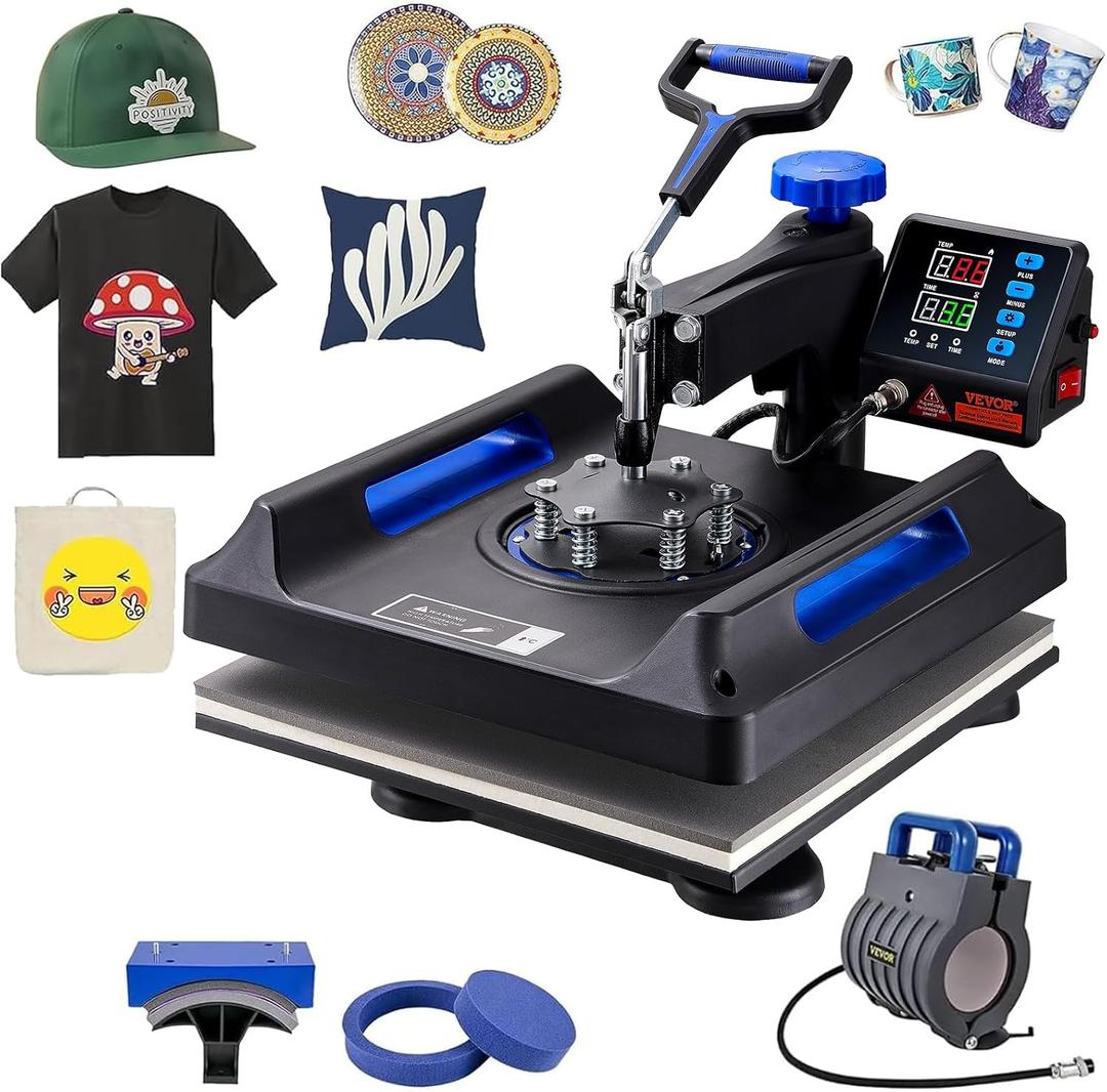 VEVOR Heat Press, Upgrade 5 in 1 Heat Press Machine for T-Shirt Hat Cap Mug Plate Sublimation, 15x15 inch Anti-Scald Fast Swing Away Digital Control Multifunction, Blue