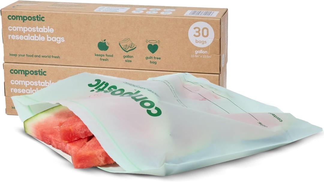 Compostic Compostable Gallon Bags (60 Count) Starter Pack Resealable Zip-Seal, Plant-Based, Home Compostable, Freezer Safe, BPA-Free, Non-Toxic, GMO-Free Food Storage Bags