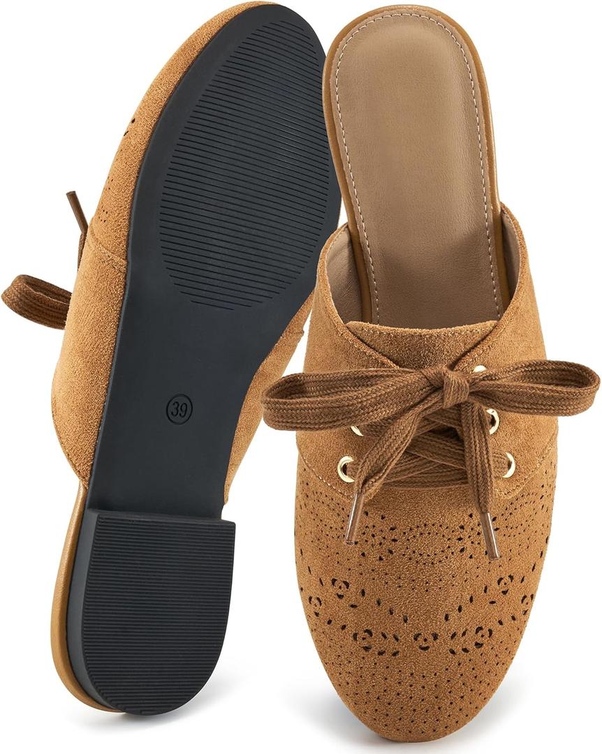 HARENCE Mules for Women Casual Flats: Comfortable Round Toe Slip on Backless Mule Dressy Business Office Flat Shoes (7.5, Brown)