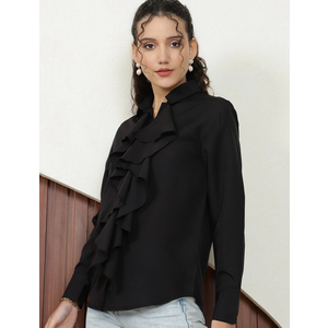 Elegant Cutaway Collar Cuffed Curved Hem Ruffled Shirt, Medium