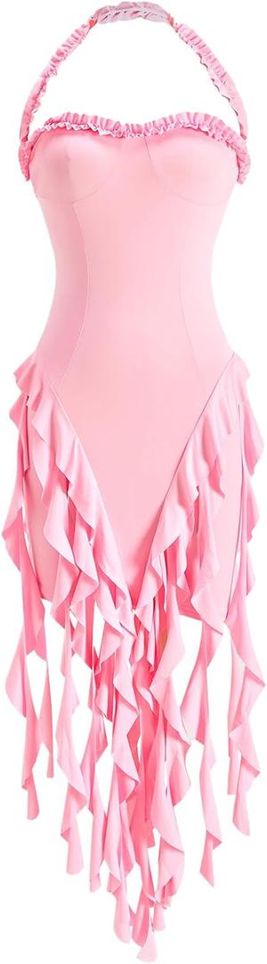 Women's Ruffle Halter Mini Dress Summer Bodycon Asymmetrical Party Club Dresses (Pink, L)