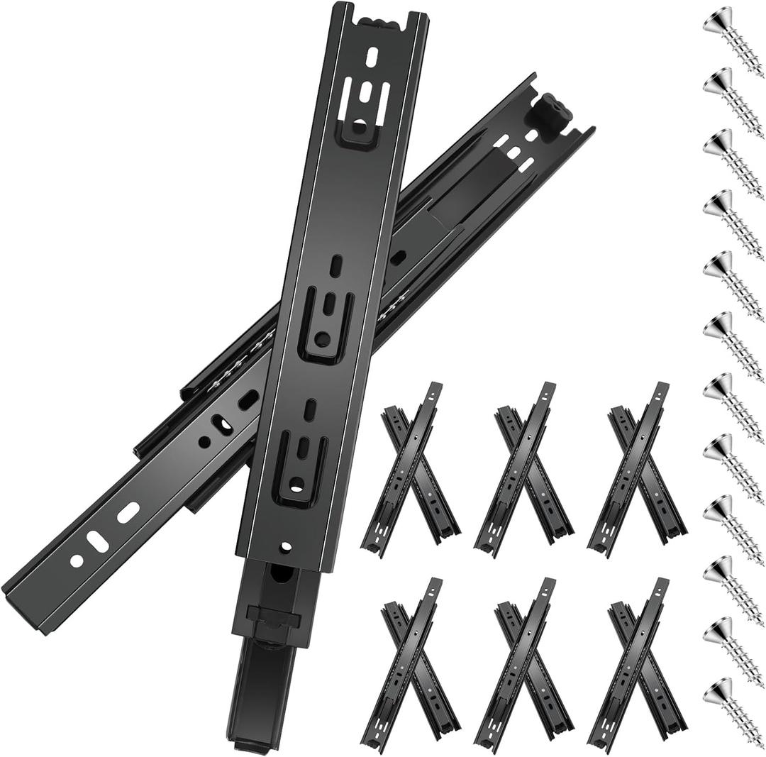 12 inch Drawer Slides 6 Pairs (12pcs) Full Extension Ball Bearing Drawer Rails Side Mount 3 fold Metal Dresser Runners for File Cabinet Trash Can Kitchen Wardrobe Glides 12" Black 100 LB Capacity