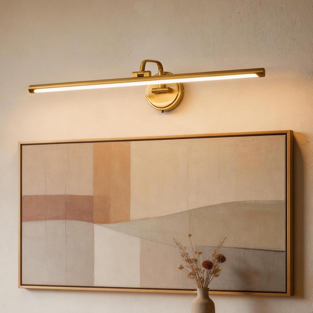 Hardwired Picture Light for Wall,32 Inch Modern Brass Dimmable Frame Light with Adjustable Swing Arm,3CCT LED Art Display Light for Paintings,120 Volts Gallery Wall Light,Hallway Vanity Light,10W