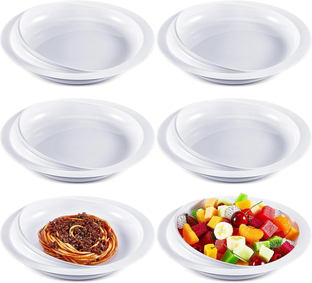 6 Pcs Spill Proof Scoop Plates with Suction Base, 9.2'' High-Low Adaptive Bowls, Non Skid Self Feed Dinnerware for Elderly Disabled Handicapped from Parkinsons, Dementia, Stroke, Tremor (White)