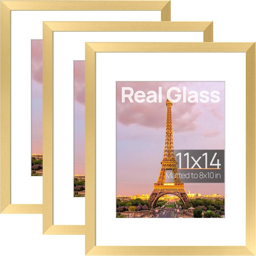 3 x Upsimples 11x14 Picture Frame Set of 3, Made of High Definition Glass for 8x10 with Mat or 11x14 Without Mat, Wall and Tabletop Display Photo Frames, Gold