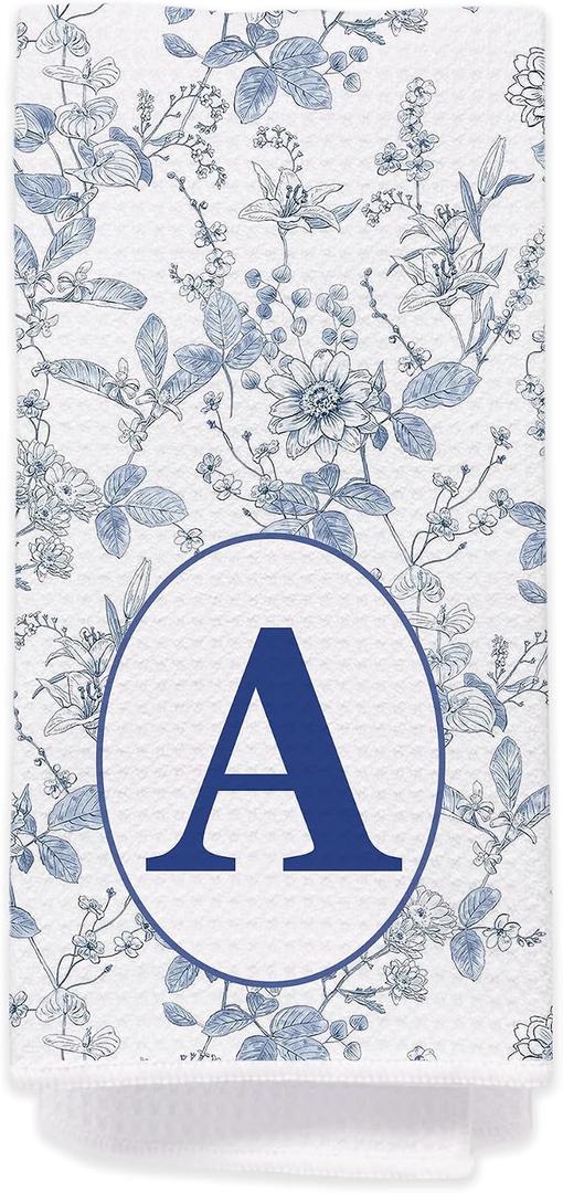 Chinoiserie Monogrammed Hand Towels for Bathroom - Monogram Hand Towels, Monogrammed Kitchen Towels with Intial A, Blue Chinoiserie Decor, A Initial Gifts for Women/Men/Girls, A Monogram Gifts559