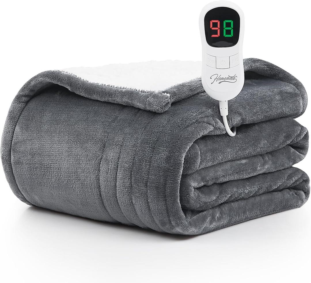 Homemate Heated Blanket Electric Throw - 50"x60" Heating Blanket Throw 1/2/4/6/8 Hours Auto-off 10 Heat Level Over-heat Protection Flannel Sherpa Heater Blanket ETL Certification (50 Inch x 60 Inch, Light Grey)
