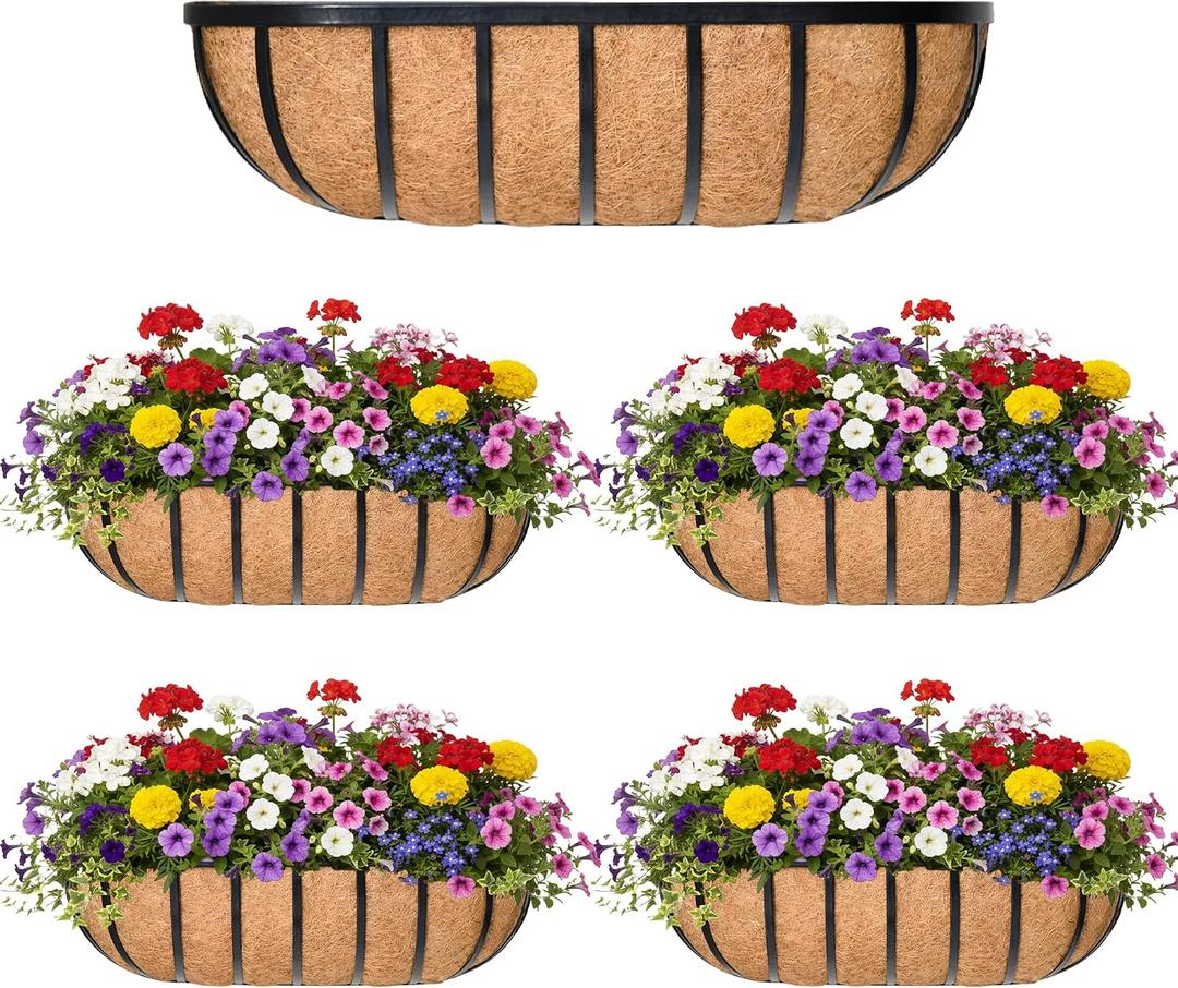 16 Window Box Railing Planter with Coco Liner Metal Wall-Mounted Coconut Liner Basket English Horse Trough Planter for Outdoor Deck Balcony Porch Fence Patio Black (4 Pack)