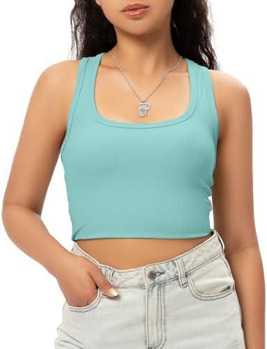 GGOV Sports Crop Tank Tops for Women Cropped Workout Tops Racerback Running Yoga Tanks Cotton Sleeveless Gym Shirts M, Blu